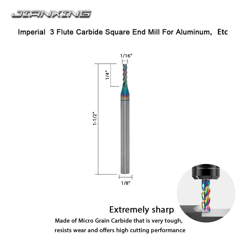 JIANXING Carbide Square End Mill for Aluminum, Copper Alloy, Plastic, 1/16" End Mill Bits, 3 Flute HRC 55 Deg DLC Coating, CNC Router Bits (4 Pieces) - Image 2